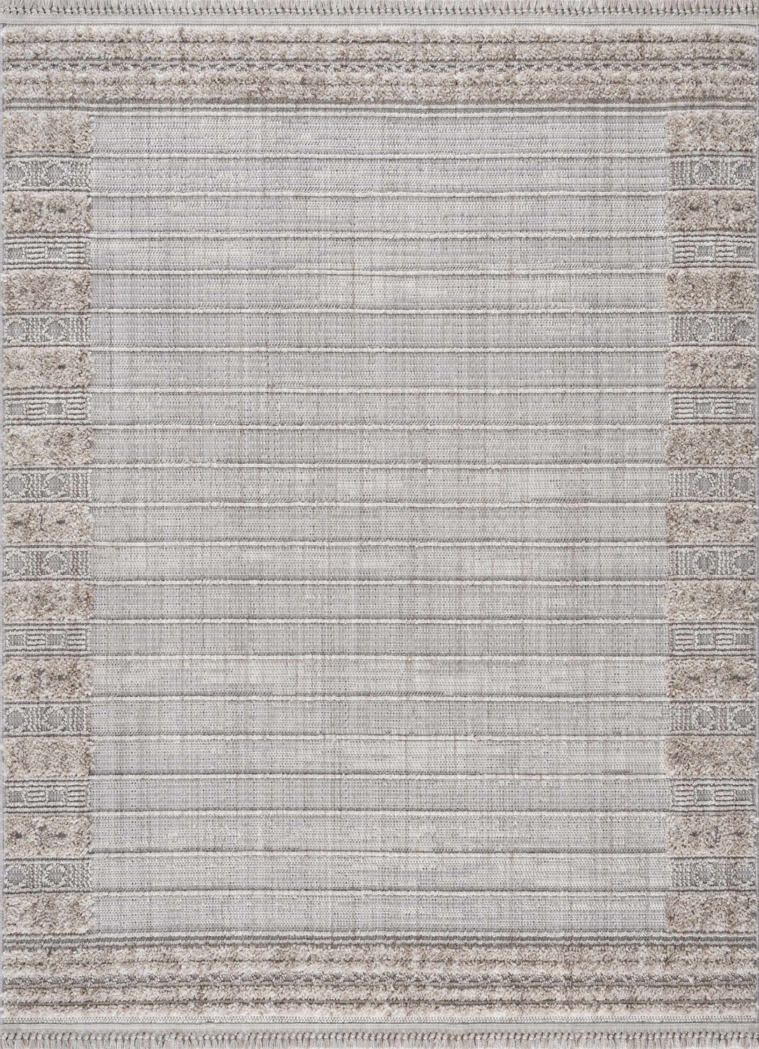 Close-up of Sulak Cream Area Rug with horizontal stripes and textured charcoal, beige and gray patterned borders. Design-Rectangle-537