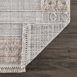 Close-up of the Sulak Cream Area Rug showing its textured pile, neutral colors, and machine-woven construction. Fold