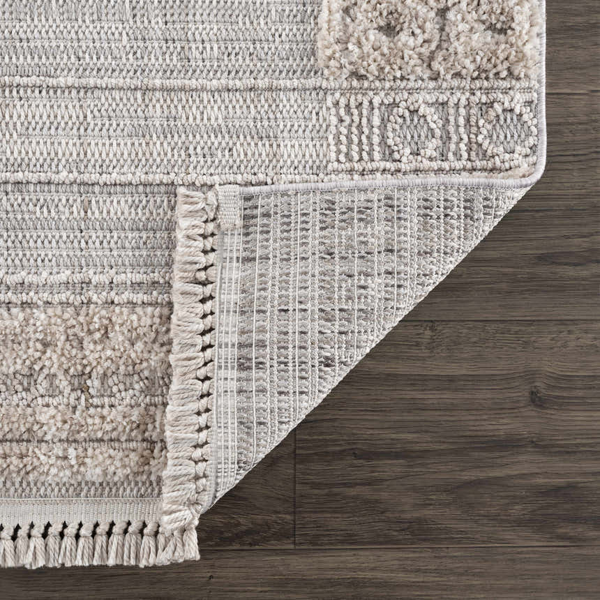 Close-up of the Sulak Cream Area Rug showing its textured pile, neutral colors, and machine-woven construction. Fold