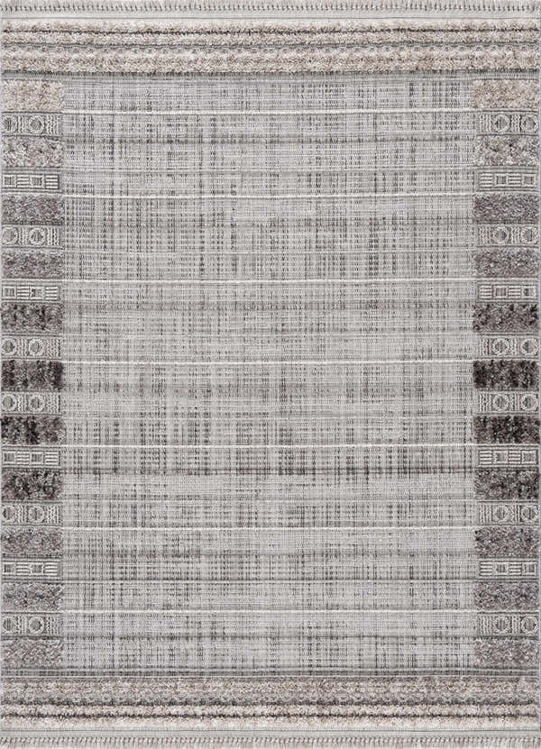 Close-up of the Naivasha Elegant High/Low Area Rug featuring charcoal, cream, and gray tones with a textured, geometric pattern. Design-Rectangle-537