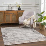 Living room scene with a Naivasha area rug in charcoal, cream, and gray. Styled with a chair, cabinet, and houseplant. Roomscene-Rectangle