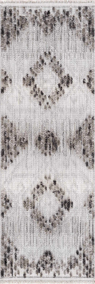 Close-up of the Cabarroguis Area Rug. Charcoal and gray geometric pattern on a cream and light beige woven texture. Design-Runner-2773