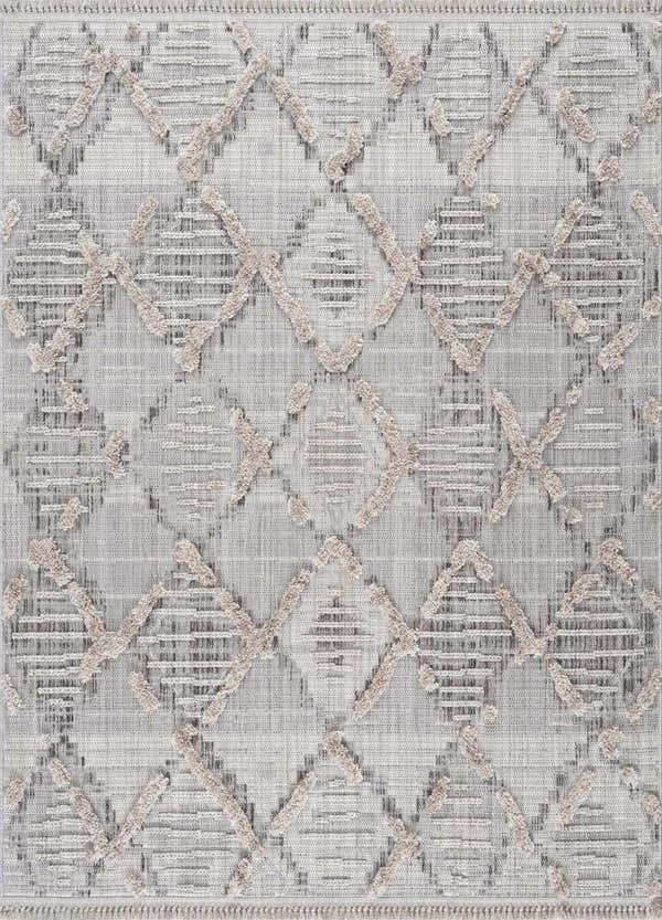 Close-up of Bogtong High-Low Rustic Rug. Geometric diamond pattern in charcoal, cream, and gray with textured details. Design-Rectangle-537