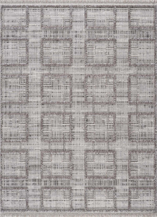 Close-up of the Knocklyon High-Low Rustic Rug. Features a geometric square pattern in charcoal, cream, and gray tones. Design-Rectangle-537