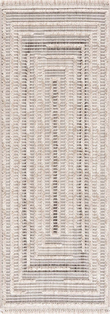 Close-up of the Lunao Area Rug. Beige, charcoal, and cream geometric design with striped pattern and fringe. Design-Runner-2773