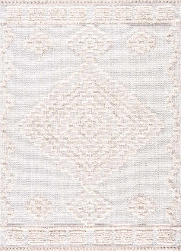 Close-up of the Rosales High-Low Rustic Rug. Cream polyester rug with a geometric diamond pattern and textured high-low design. Design-Rectangle-5373
