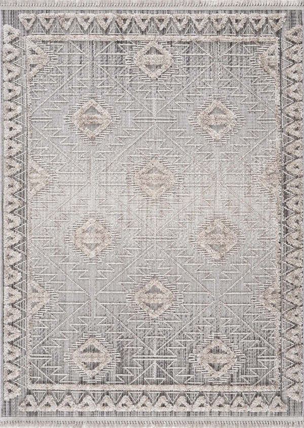 Close-up of Agoo High-Low Pile Rustic Rug. Charcoal, cream, and light gray geometric pattern with fringe detail. Design-Rectangle-537