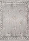 Close-up of Agoo High-Low Pile Rustic Rug. Charcoal, cream, and light gray geometric pattern with fringe detail. Design-Rectangle-537