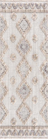 Close-up of Serkomen High-Low Area Rug. Features a diamond pattern in neutral beige and gray tones with a textured, high-low pile. Design-Runner
