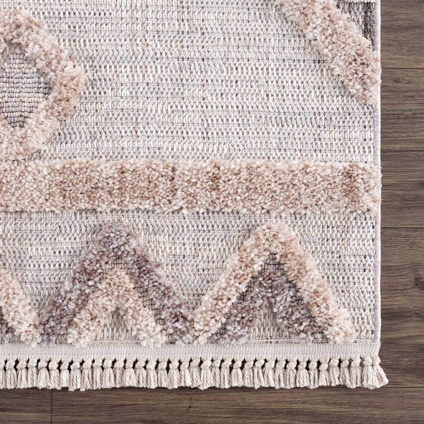 Close-up of Serkomen High-Low Area Rug. Beige polyester rug with geometric shag design and tassels. Designer Picks style. Swatch