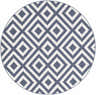 Close-up of a round Spilsby Navy Blue Outdoor Rug with a geometric diamond pattern in navy and white. Design-Round-73
