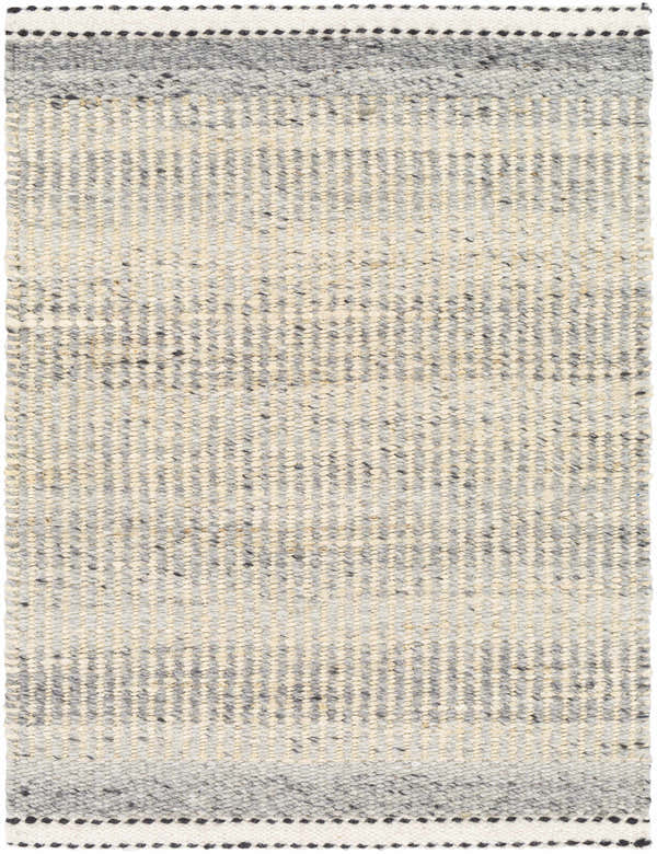 Close-up of the hand woven Abucay Jute Rug. Features charcoal, cream, light beige, and light gray stripes. Design-Rectangle-23