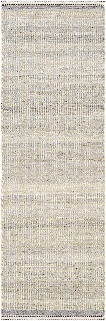 Close-up of the Abucay Jute Rug. Hand-woven rug with charcoal, cream, light beige, and light gray stripes. Jute and wool texture. Design-Runner-268