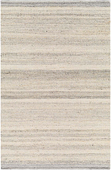 Close-up of the hand woven Abucay Jute Rug. Features a striped pattern in cream, charcoal, and light gray. Design-Rectangle-576