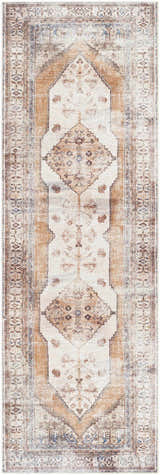 Close-up of the Arncliffe Washable Area Rug, a runner with a traditional brown and ivory Oriental-inspired design. Design-Runner-27710