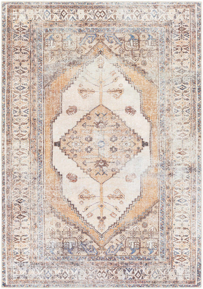 Close-up of Arncliffe Washable Area Rug, a machine-woven rug with a traditional oriental design in tan, brown, and light blue. Design-Rectangle-5373