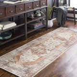 Entryway scene with Arncliffe Washable Area Rug in runner size. Traditional design in ivory, brown, and blue tones. Roomscene-Runner