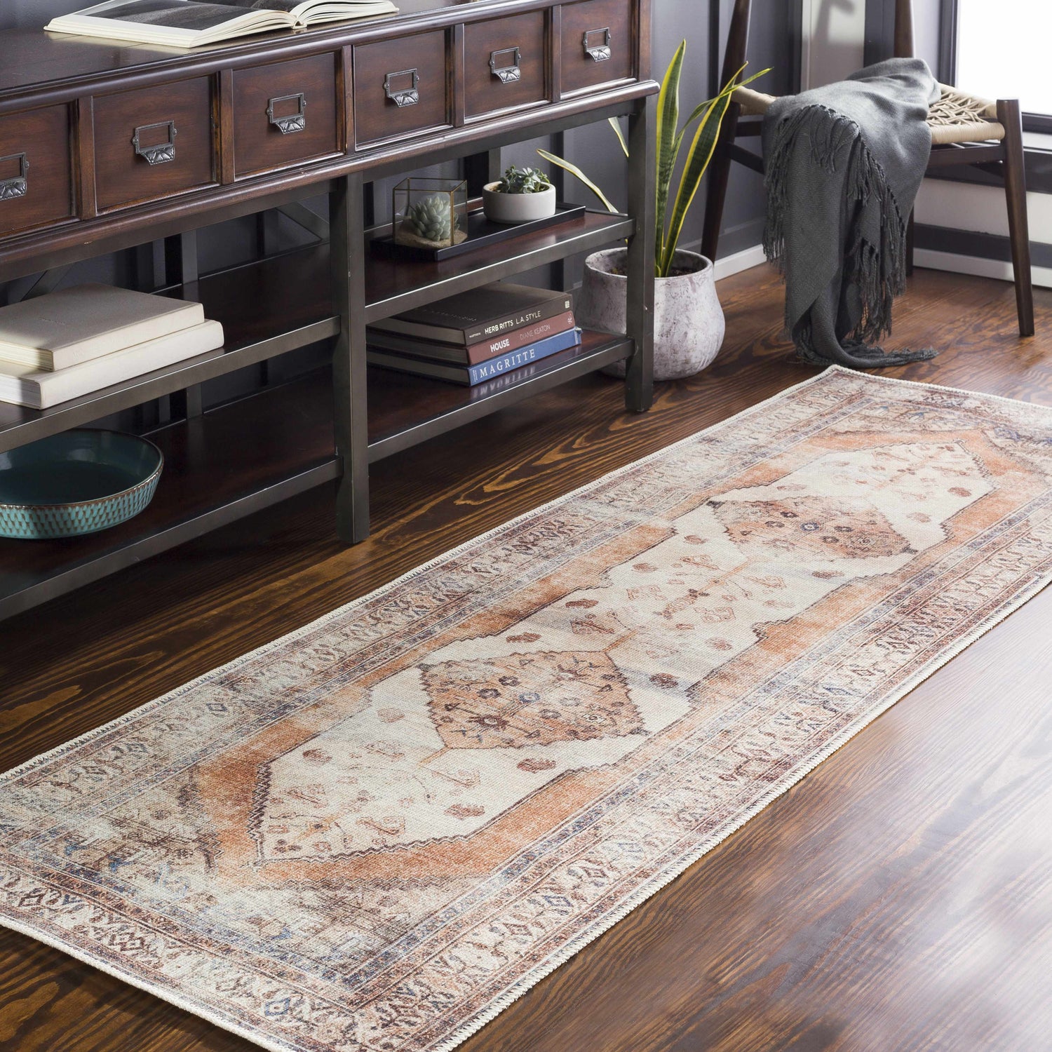 Entryway scene with Arncliffe Washable Area Rug in runner size. Traditional design in ivory, brown, and blue tones. Roomscene-Runner