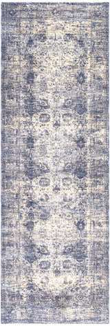 Close-up of the Accokeek Luxe Area Rug. Features a vintage, oriental design in denim, light beige, and navy. Design-Runner-3310