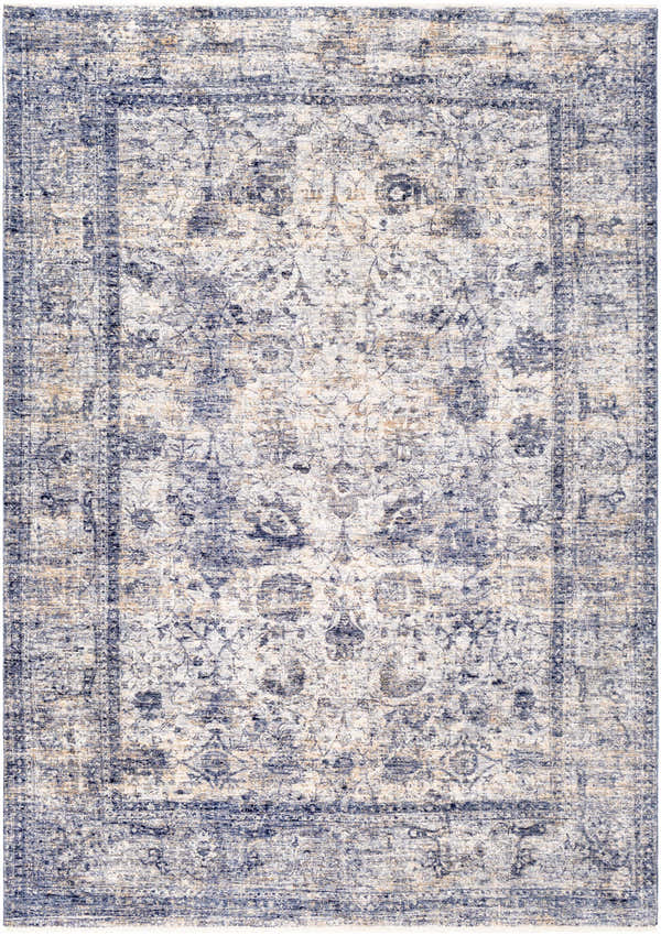 Close-up of the Accokeek Luxe Area Rug. Denim, light beige, and navy vintage style rug with traditional floral pattern. Design-Rectangle-582
