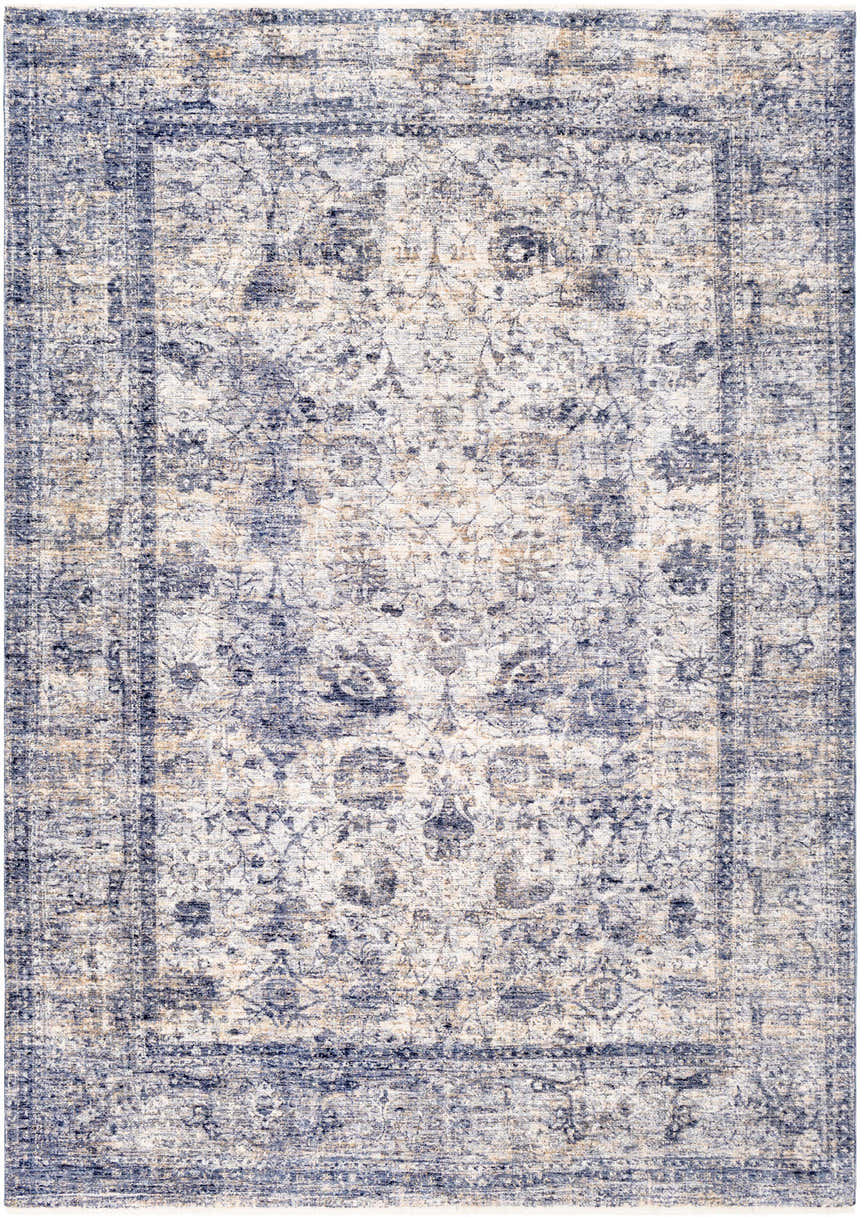 Close-up of the Accokeek Luxe Area Rug. Denim, light beige, and navy vintage style rug with traditional floral pattern. Design-Rectangle-582