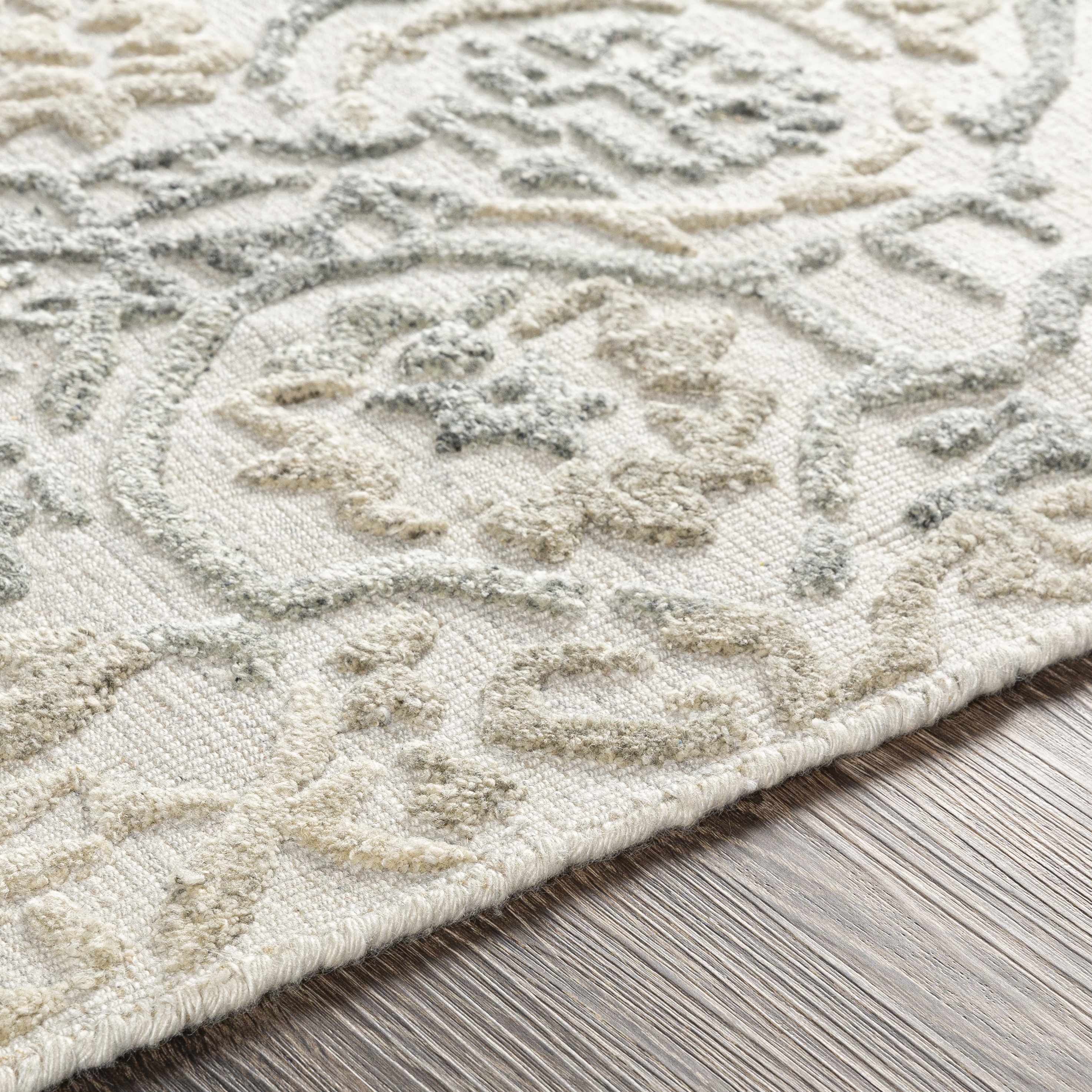 Close-up of the texture on Acle Area Rug - Clearance, showing fabric weave and feel. Traditional Area Rug Backing  