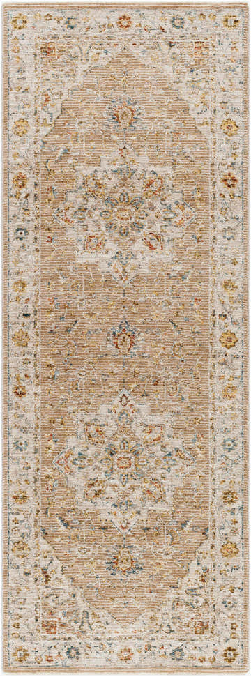 Close-up of the Luxe Adana Oushak Rug, showcasing its traditional floral pattern and brick red, cream, and denim colors. Design-Runner-2773