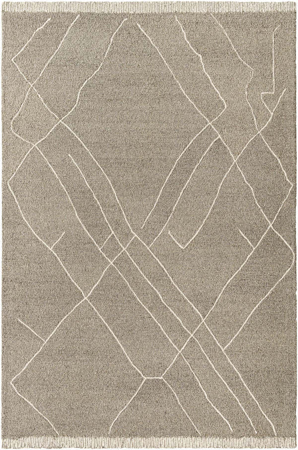Close-up of Arsenal Trout Valley Gray Wool Rug. Driftwood color with a geometric ivory line pattern and hand-tufted texture. Design-Rectangle-576