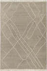 Close-up of Arsenal Trout Valley Gray Wool Rug. Driftwood color with a geometric ivory line pattern and hand-tufted texture. Design-Rectangle-576