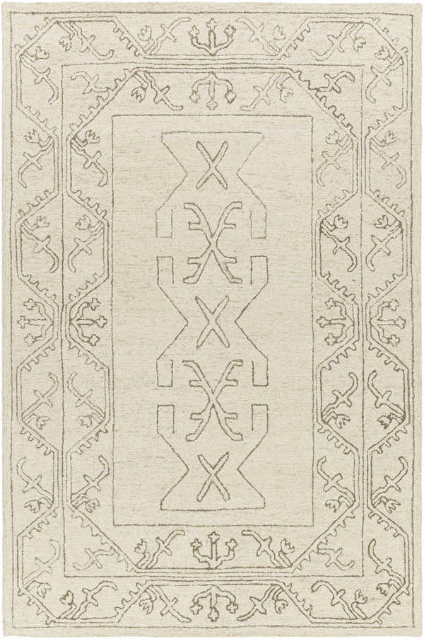 Close-up of the hand-tufted Adina Area Rug. 100% wool rug with a contemporary geometric pattern in neutral cream and beige. Design-Rectangle-576