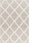 Close-up of the Adora Area Rug. Bone geometric pattern on a cloud gray background. Hand woven texture. Design-Rectangle-576