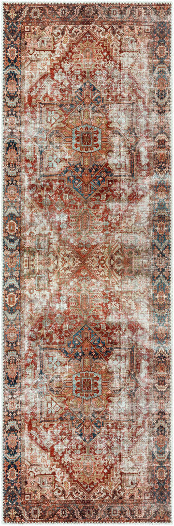 Close-up of the Adtugan Vintage Flat Pile Washable Rug, featuring a faded traditional pattern in burgundy, navy, and off-white. Design-Runner-27710