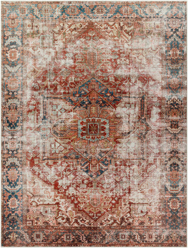 Close-up of the Adtugan Vintage Flat Pile Washable Rug. Features burgundy, navy, and off-white colors in an oriental pattern. Design-Rectangle-710102
