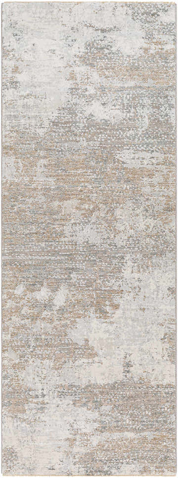 Close-up of the Adwoa Boutique Rug. Contemporary style rug in cloud gray, nutmeg, and gray hues with a subtle abstract pattern. Design-Runner-2773