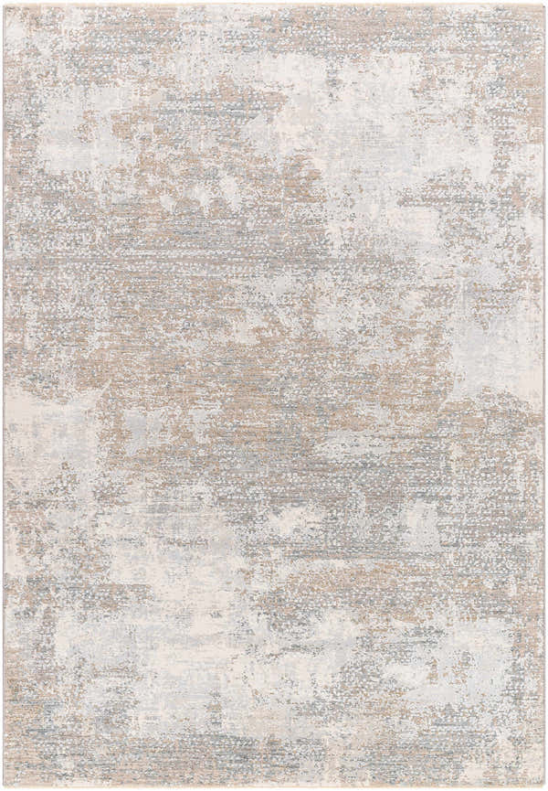 Close-up of the Adwoa Boutique Rug, featuring a contemporary abstract design in cloud gray, nutmeg, and light gray tones. Design-Rectangle-575