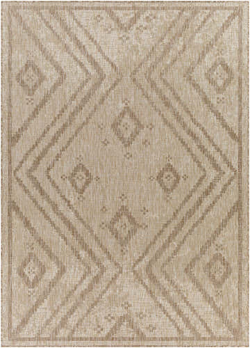 Close-up of the Agsungot Indoor & Outdoor Rug. Tan and cream geometric diamond pattern. Machine woven polypropylene rug. Design-Rectangle-537