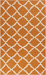 Close-up of the Aguilar Area Rug, a hand-woven wool rug in burnt orange and ivory with a contemporary geometric pattern. Design-Rectangle-58