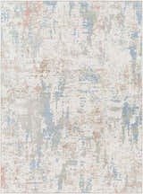 Close-up of the Ahava Washable Area Rug. Contemporary design with white, blue, tan, gray, and coral abstract pattern. Design-Rectangle-537