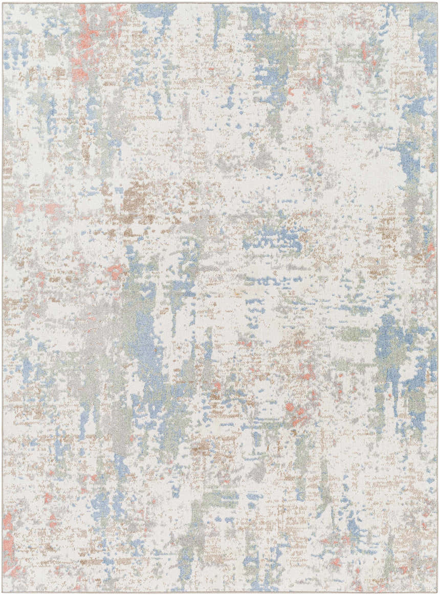 Close-up of the Ahava Washable Area Rug. Contemporary design with white, blue, tan, gray, and coral abstract pattern. Design-Rectangle-537