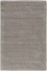Close-up of the hand-loomed Ahmeek Area Rug. Medium gray viscose rug with a subtle horizontal stripe pattern. Design-Rectangle-23