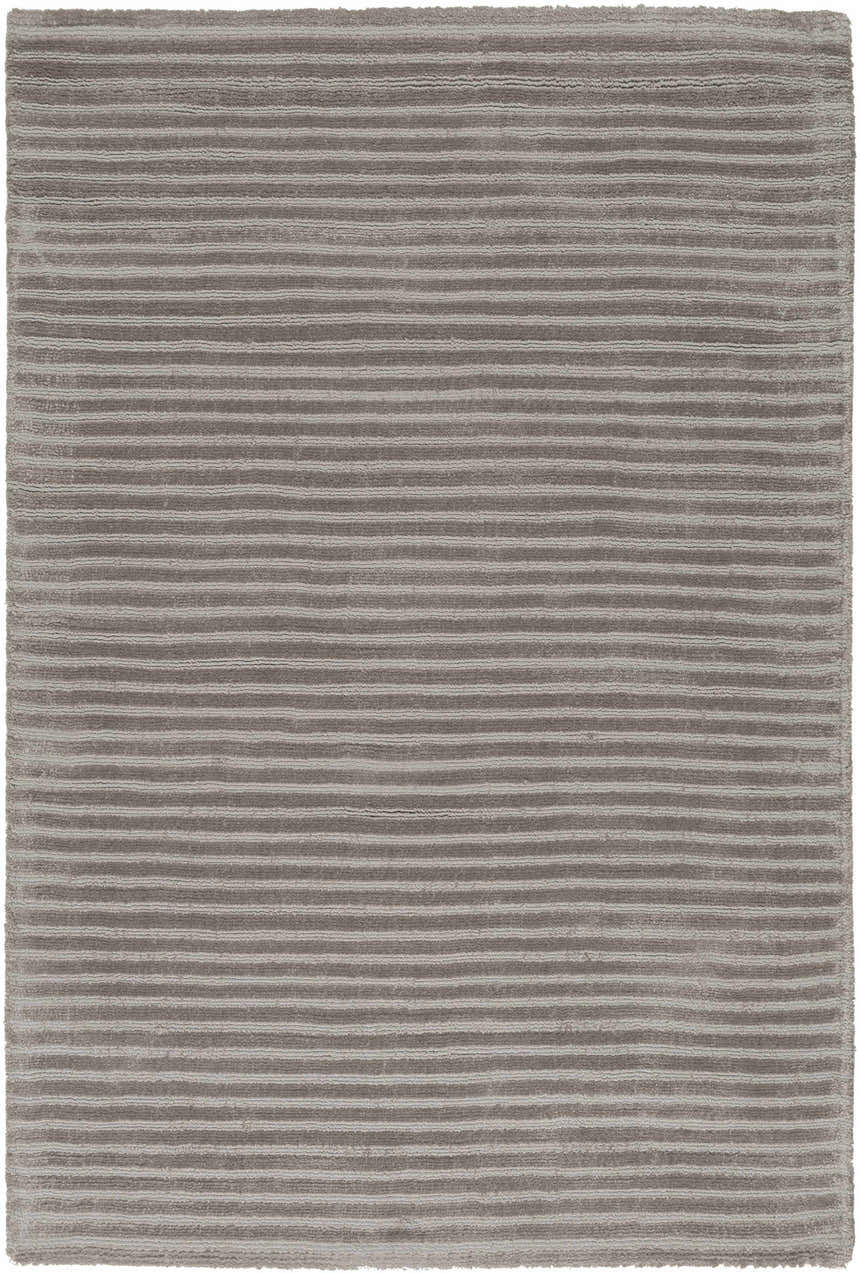 Close-up of the hand-loomed Ahmeek Area Rug. Medium gray viscose rug with a subtle horizontal stripe pattern. Design-Rectangle-23