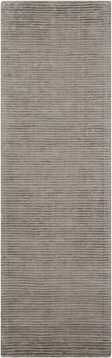 Close-up of the hand-loomed Ahmeek Area Rug. Medium gray viscose rug with a subtle horizontal striped design. Design-Runner-268