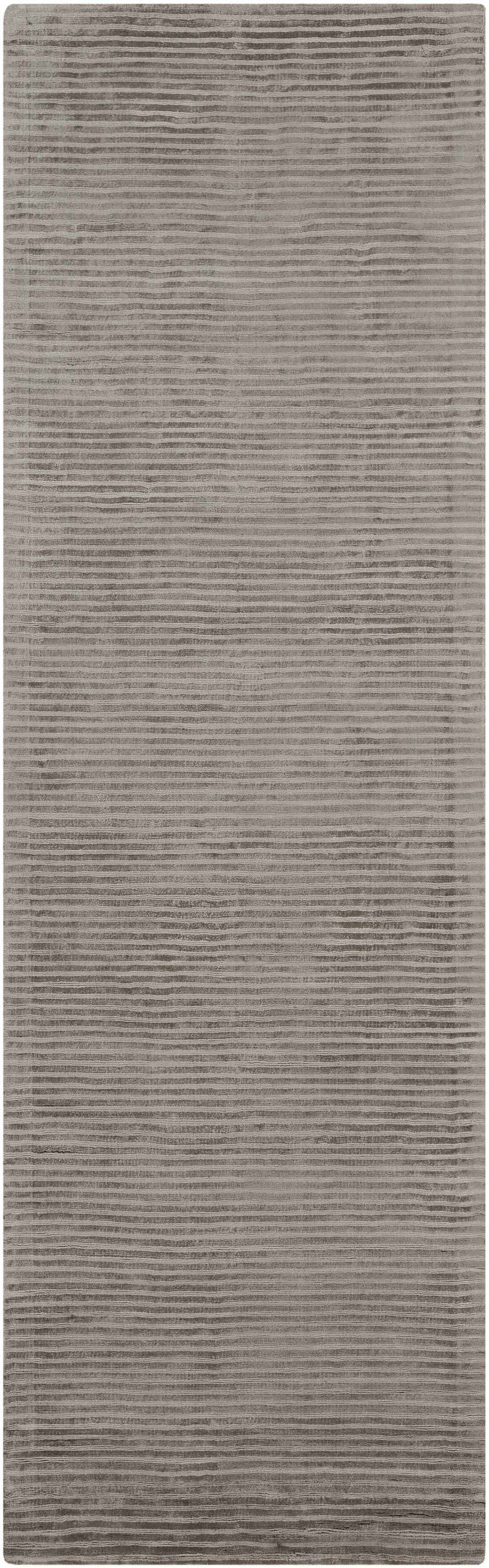 Close-up of the hand-loomed Ahmeek Area Rug. Medium gray viscose rug with a subtle horizontal striped design. Design-Runner-268