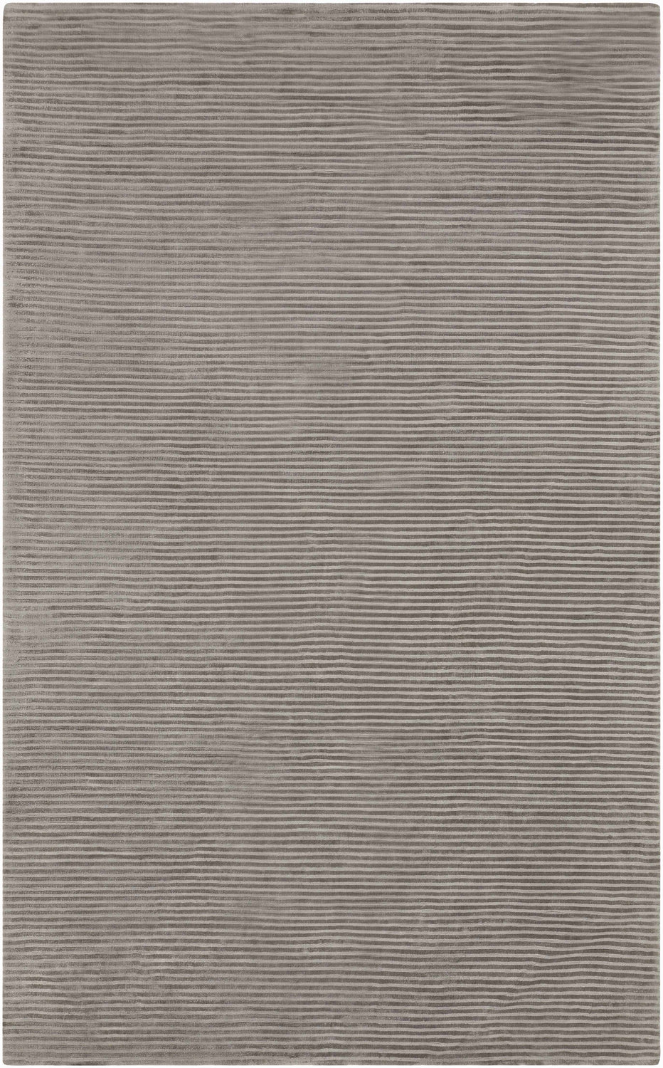 Close-up of the hand-loomed Ahmeek Area Rug. Medium gray viscose rug with a subtle, contemporary striped pattern. Design-Rectangle-58