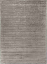 Close-up of the hand-loomed Ahmeek Area Rug. Medium gray, 100% viscose with a subtle horizontal stripe design. Design-Rectangle-811