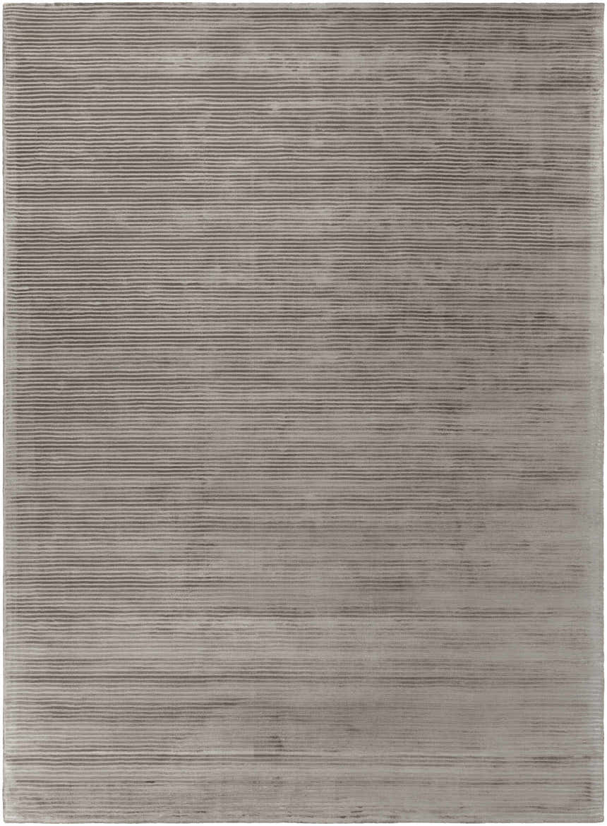 Close-up of the hand-loomed Ahmeek Area Rug. Medium gray, 100% viscose with a subtle horizontal stripe design. Design-Rectangle-811
