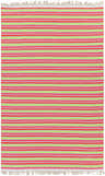 Close-up of the hand woven Ahsahka Area Rug. Features grass green, ivory, mauve, orange, and pink stripes with fringe. Design-Rectangle-58