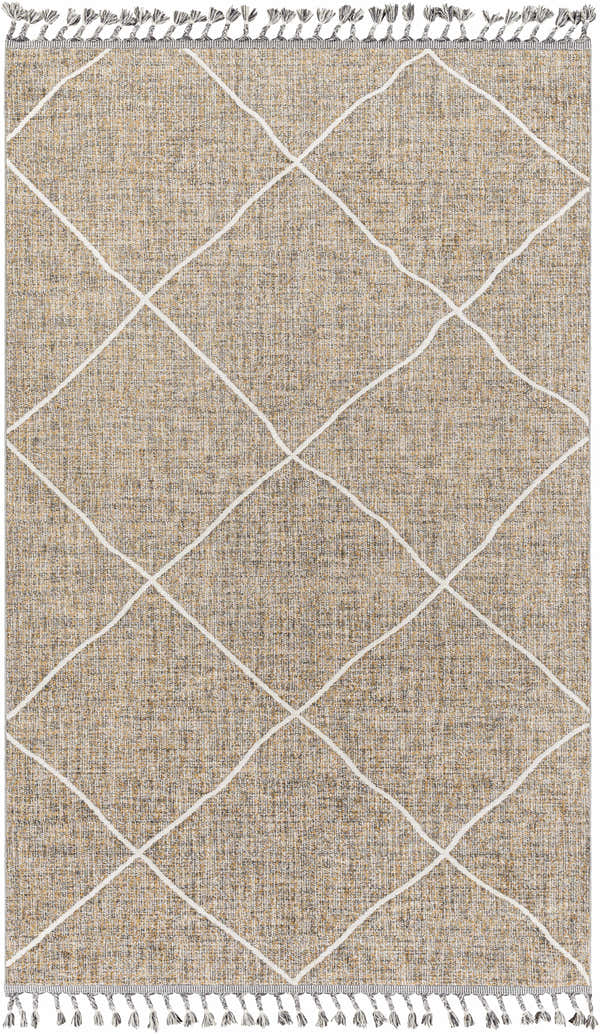 Close-up of the Aida Area Rug: a machine-woven, rectangular rug with a geometric diamond pattern and tasseled edges. Dark gray, mocha, and taupe. Design-Rectangle-57