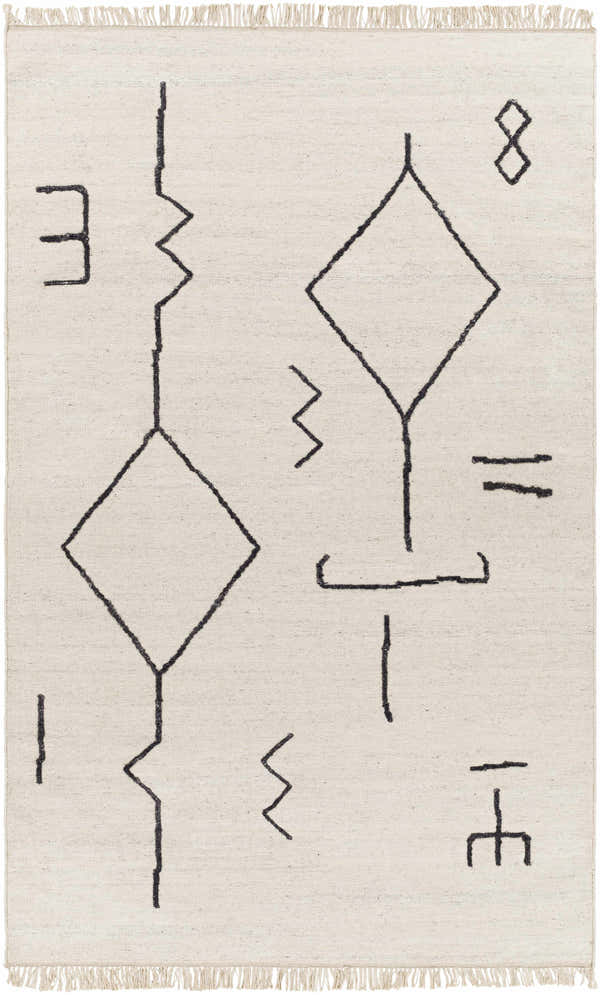 Close-up of AISHA Area Rug. Cream rug with hand woven, black geometric shapes. Contemporary style with fringe. Design-Rectangle-576