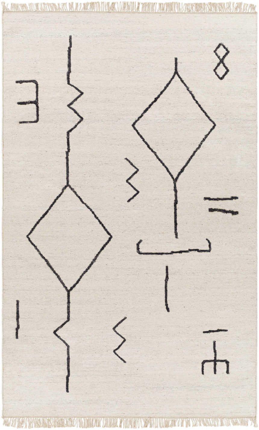 Close-up of AISHA Area Rug. Cream rug with hand woven, black geometric shapes. Contemporary style with fringe. Design-Rectangle-576